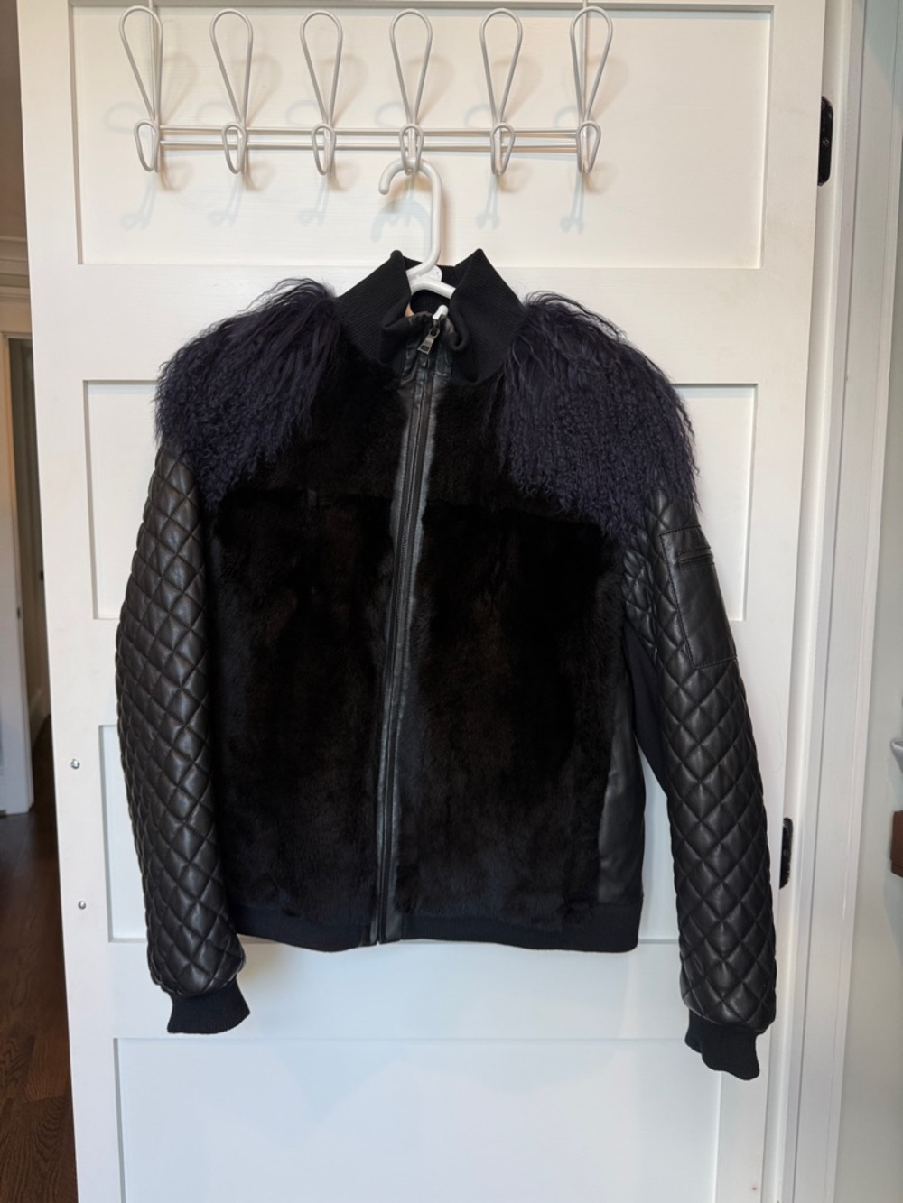 BCBGMaxAzria Black Quilted Leather & Fur Bomber Jacket